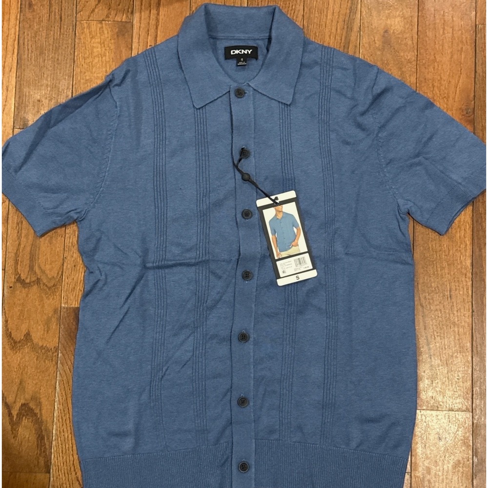 DKNY Mens Button Front Sweater Shirt Light Blue Ribbed Short Sleeve S